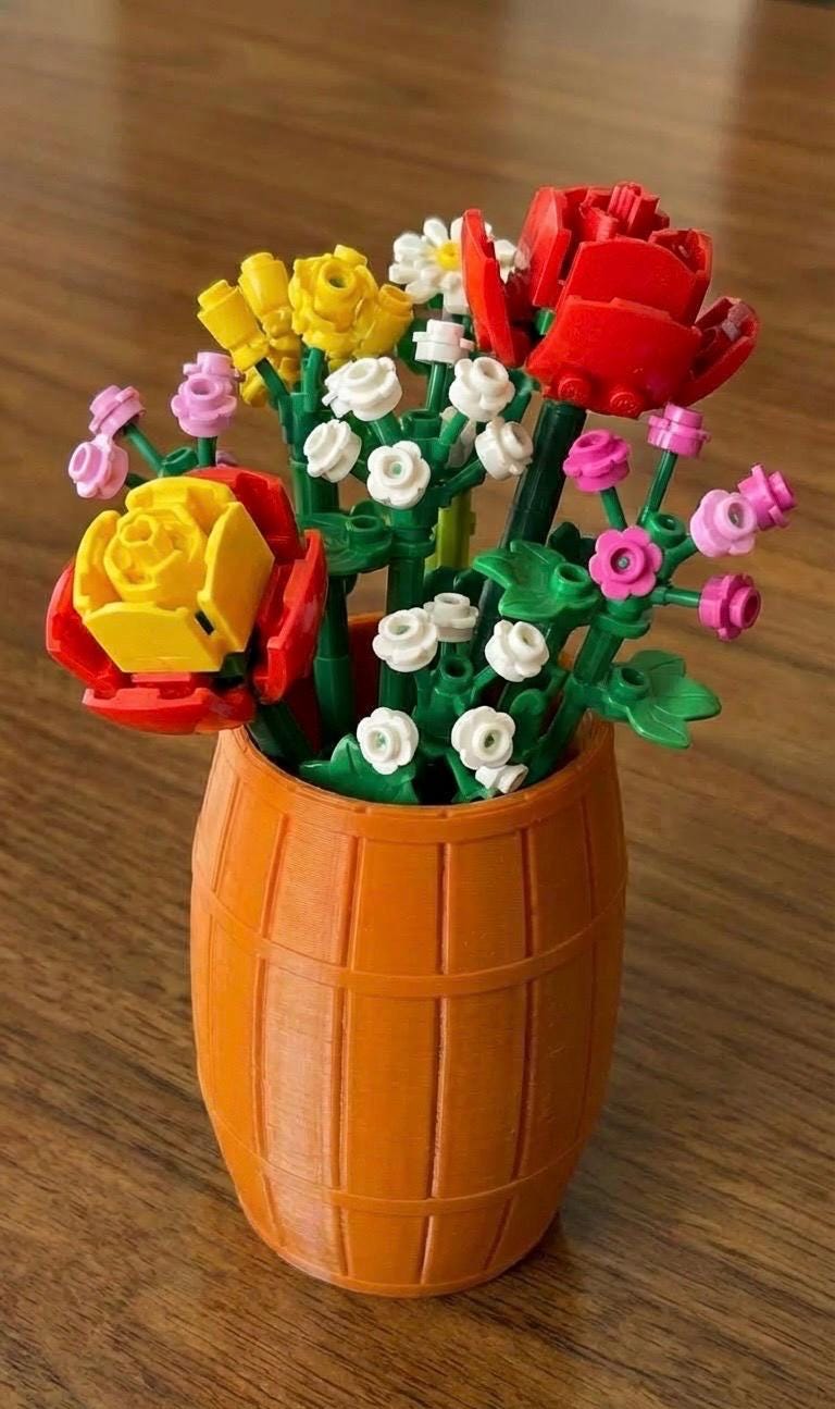 Large Lego Barrel Vase for LEGO Botanicals - Hand-Finished 3D Printed Gift for LEGO Lovers - Rustic Office Decor & Creative Flower Pot