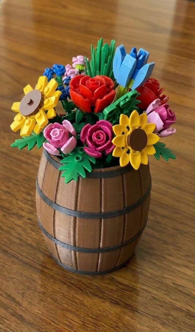 Large Lego Barrel Vase for LEGO Botanicals - Hand-Finished 3D Printed Gift for LEGO Lovers - Rustic Office Decor & Creative Flower Pot