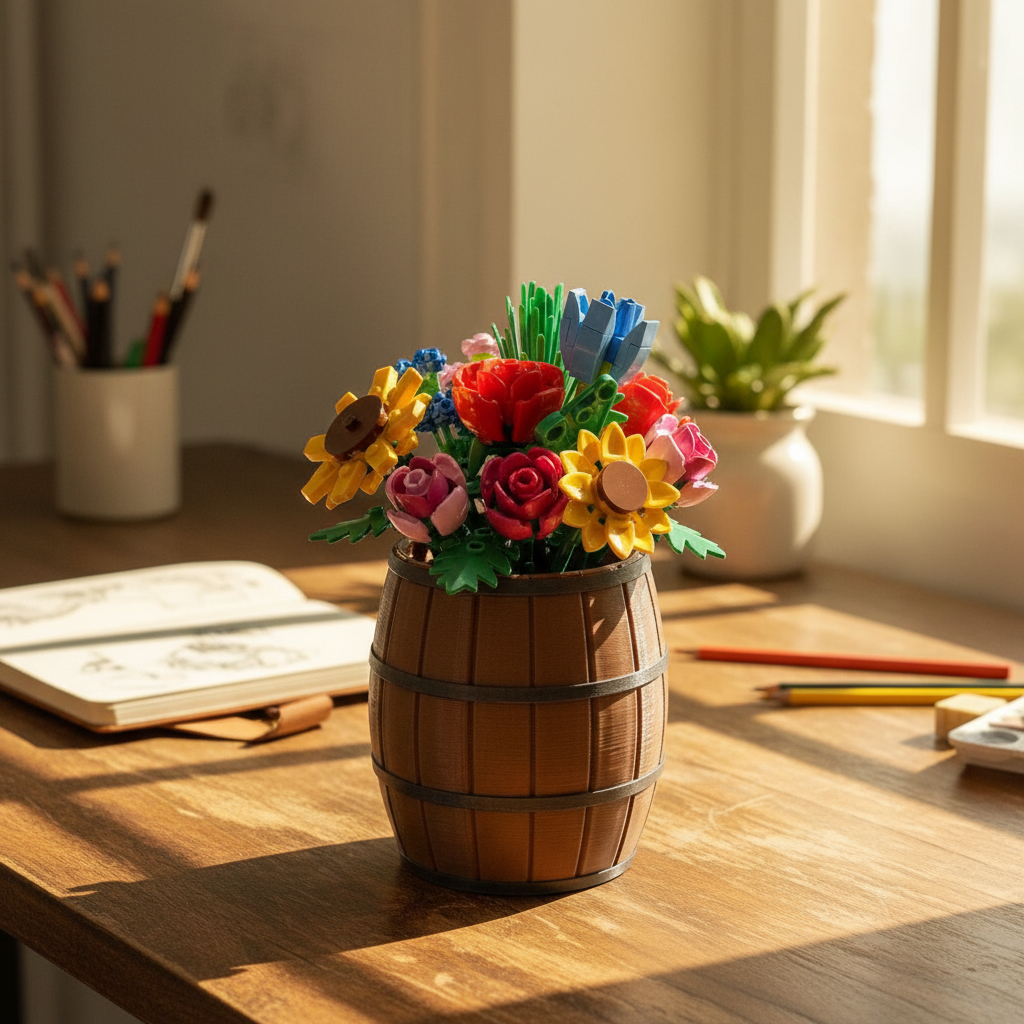 Large Lego Barrel Vase in Creative Workspace